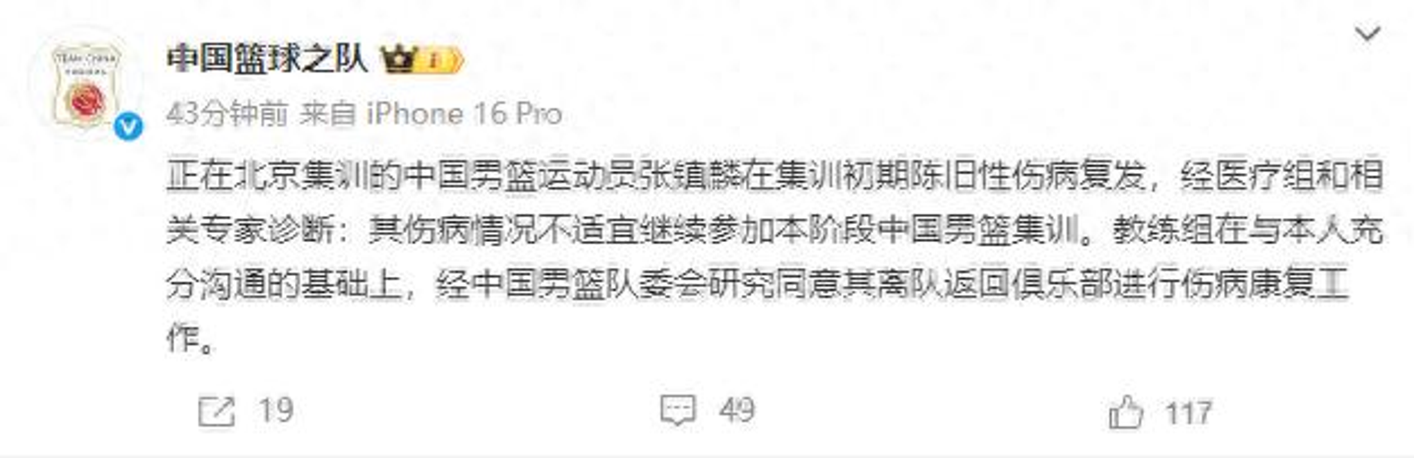 开云体育-关于张镇麟因伤退出中国男篮集训辽宁队致谢篮协的信息